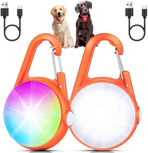 2 Pack Dog Collar Light, 4 Modes Clip On Dog Lights for Night Walking, Glow in The Dark LED Pet Collar Charm, Rechargeable Pet Camping Essentials for Nighttime Running, Cycling, Hiking(Orange)
