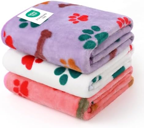 Luciphia 1 Pack 3 Blankets Fluffy Premium Fleece Pet Blanket Flannel Paw Bone Printed Throw for Dog Cat(Medium 30x20'', Purple/Pink/White)