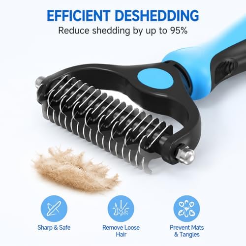 Double-Sided Pet Grooming Tool for Dogs & Cats, Undercoat Rake Dematting Comb for Removing Loose Hair, Mats & Tangles, Pet Deshedding Grooming Brush for Long & Short Hair (Grey)