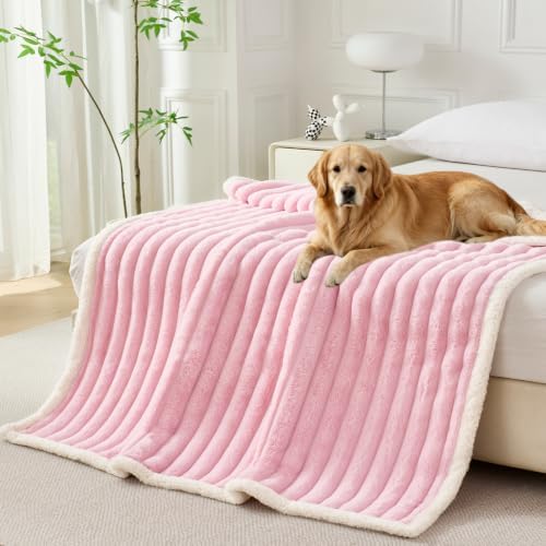 PERFEMET Waterproof Bed Blanket for Large Dogs, Reversible Corduroy Fleece Calming Throw Blanket Washable, Furniture Cover Protects Bed Couch Sofa from Liquid Pee and Pet Fur, 60"X80", Pink