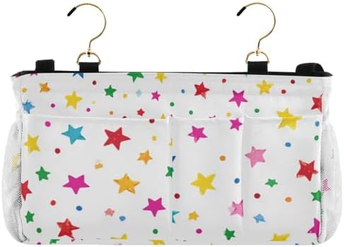 Bedside Caddy Hanging Bunk Bed Caddy Bed Organizer Hanging Pocket with 2 Hooks Bedside Storage Organizer Pocket Bag Holder Small Colorful Stars and Dots