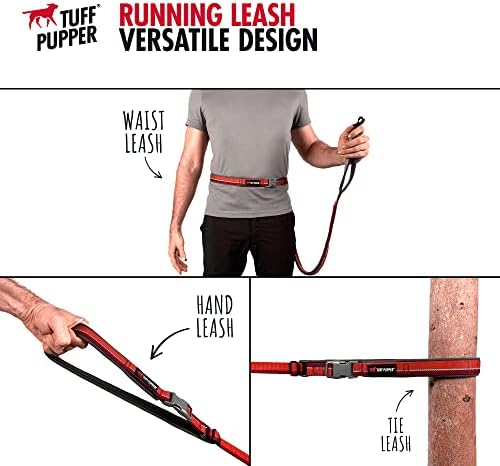 Tuff Pupper Hands Free Adjustable Length Dog Leash | Lightweight for Running Jogging Walking | Padded Waist Belt (24-50 inch) | Adjusts 3 to 6 Feet Length | Strong Ballistic Nylon w/Reflective Strips