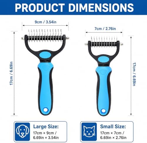 Professional Pet Grooming Tool Set (Large & Small 2-Pack), 2-in-1 Dual-Sided Undercoat Rake for Dogs & Cats, Dematting Comb & Deshedding Brush for Long Haired Pets with Thick Coats (2PC Blue-A)