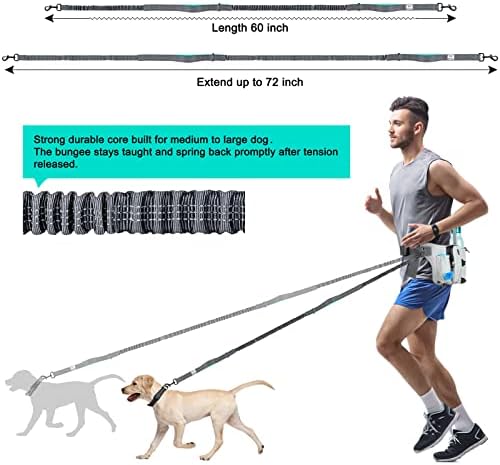 SHINE HAI Retractable Hands Free Dog Leash with Dual Bungees for 2 Dogs, Adjustable Waist Belt, Reflective Stitching Leash for Running Walking Hiking Jogging Biking Black - Gray2