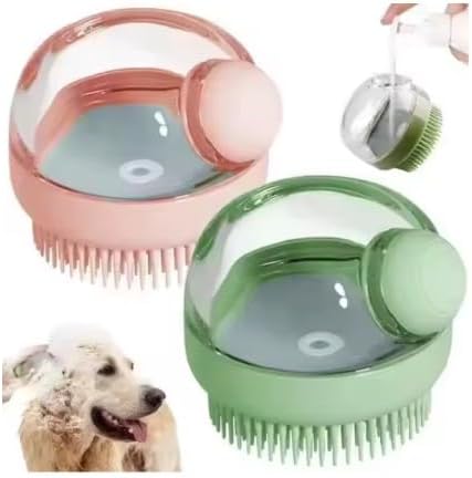 2-in-1 Pet Bath Brush with Shampoo Dispenser, Silicone Massage Grooming Tool for Dogs and Cats (Green)
