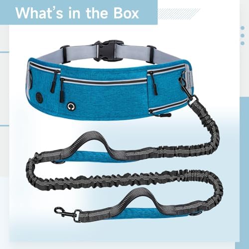 Hands Free Dog Leash with Bungee, Anti-Shock Reflective Running Lead, Adjustable Waist Bag for Jogging Walking Hiking, Blue