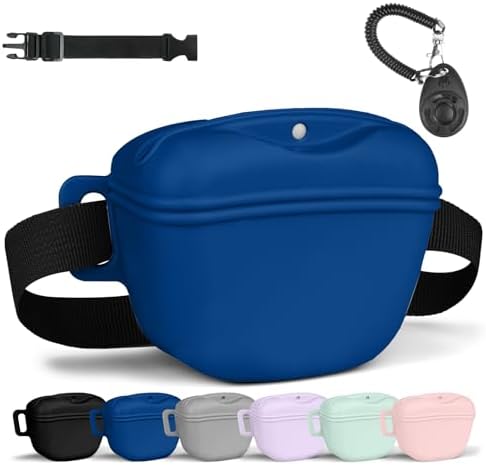 AOMIG Dog Treat Pouch with Training Clicker, 1.67 Cup Silicone Dog Treat Bag with Stronger Magnetic Closure, Portable Pouches for Pet Training Walking Premium Fanny Pack with Waist Belt(Dark Blue)