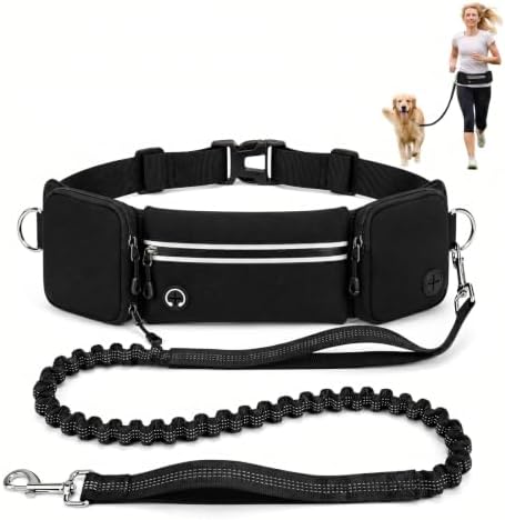Hands Free Dog Leash 3 Zipper Pounchs with Reflective Strips Poop Bag Dispenser,Waterproof Dog Walking Belt,Dual Handles and Durable Bungee,Waist Leash for Dog Walking,Jogging and Running