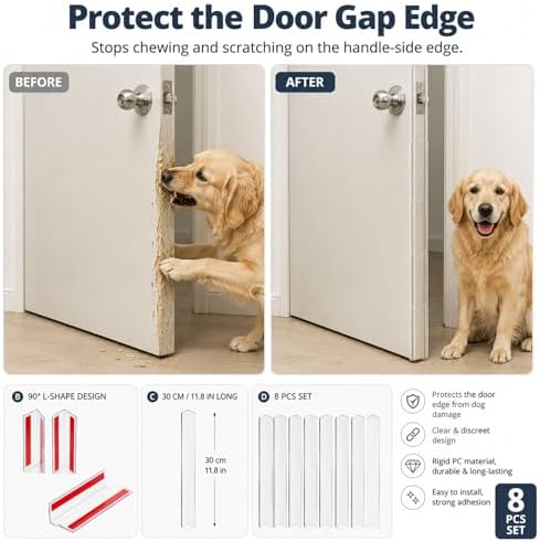 Door Frame Protector Dog Chewing: 8 Pack Clear PC L-Shaped Door Edge Guards, Self-Adhesive Door Gap & Jamb Protector for Dogs Scratching, Chewing, Clawing, 11.8 x 1.18 in Each Side (8, 11.8inch)