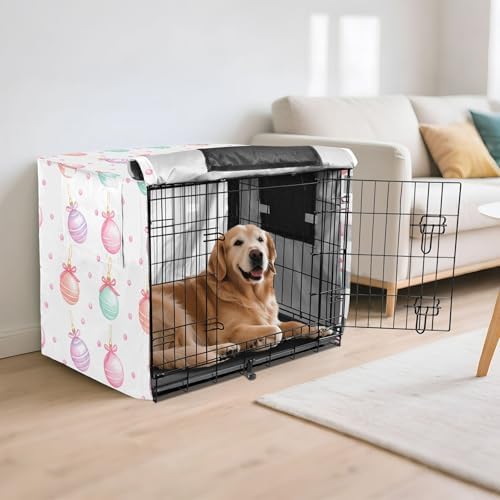 Kigai Christmas Balls Dog Crate Cover Oxford Fabric Windproof Waterproof Kennel Cover with Breathable Mesh & Roll-Up Panels, Fit for 41 in Cage, Washable