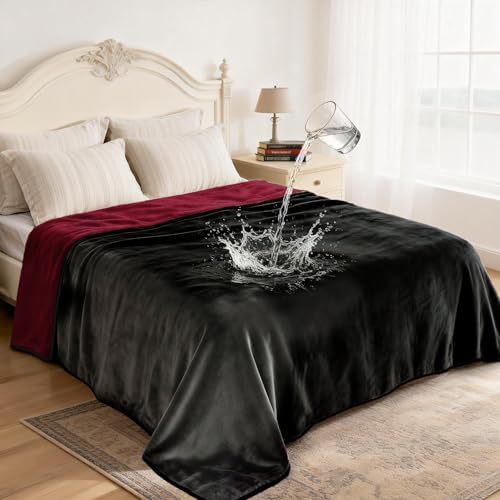 gogobunny Waterproof Flannel Blanket for Bed Couch Sofa, Reversible Double-Sided Throw for Dog Puppy Cat, Stain Resistant Furniture Protector Against Liquid Pee and Fur (90" x 90", Black/Red)