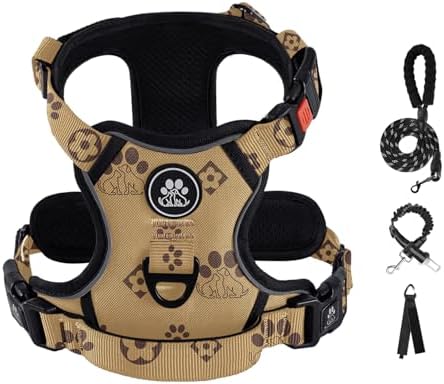 IVY&LANE No Pull Dog Harness for Large Dogs,Reflective Dog Vest Harness | No Choke,Fully Adjustable,Soft Handle,with Leash, Safety Belt and Storage Strap,Light Brown,L