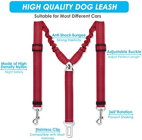 SlowTon Double Dog Seat Belt for Car with Elastic Bungee Buffer, Adjustable