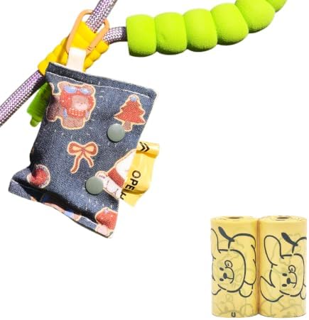Cute Cartoon Pattern Fabric Dog Poop Bag Holder - Portable Leash - Attached Clip, Quick Access Dog Walking Essential, Includes 2 Rolls (30pcs Bags, Blue Denim Fabric)