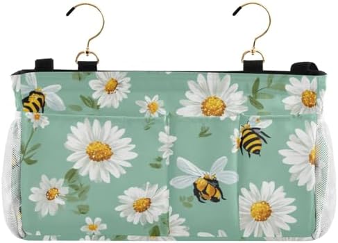 Bedside Caddy Hanging Bunk Bed Caddy Bed Organizer Hanging Pocket with 2 Hooks Bedside Storage Organizer Pocket Bag Holder Mint Green Daisy Flowers and Bees