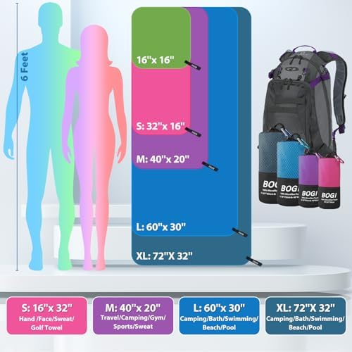 BOGI Microfiber Travel Sports Towel-Quick Dry, Soft Lightweight, Absorbent, Compact for Camping, Gym, Yoga, Swimming, Backpacking (XL:72''x32''+16''x16''-Grey)