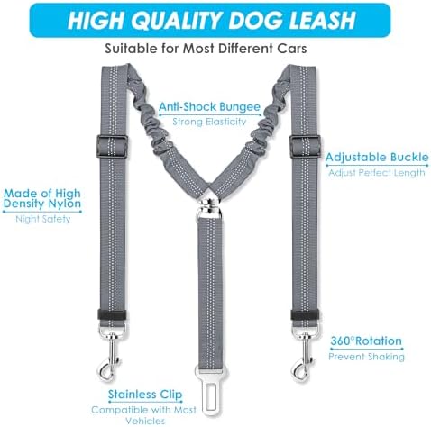 SlowTon Double Dog Seat Belt for Car with Elastic Bungee Buffer, Adjustable