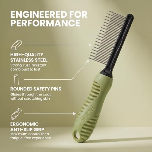 Poodle Grooming Comb - Metal Dematting Comb with Long & Short Stainless Steel Teeth for Removing Matted Hair & Knots, Safe and Gentle for Dogs & Cats (Green)