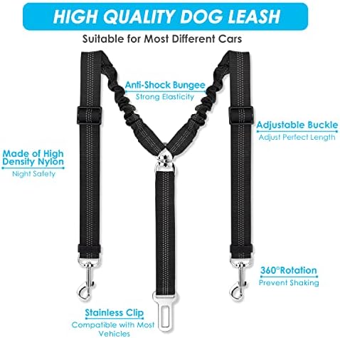SlowTon Double Dog Seat Belt for Car with Elastic Bungee Buffer, Adjustable