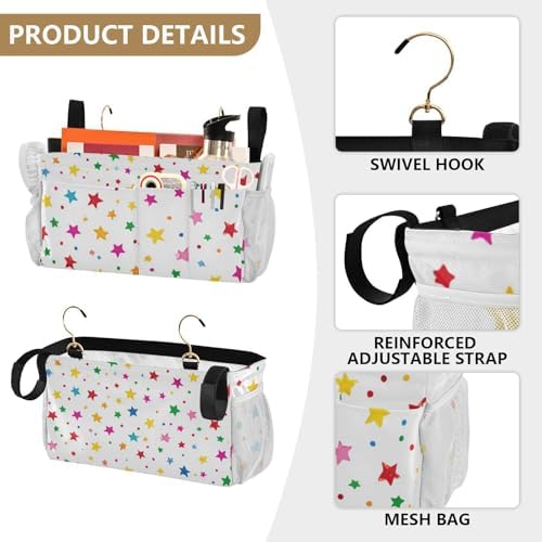 Bedside Caddy Hanging Bunk Bed Caddy Bed Organizer Hanging Pocket with 2 Hooks Bedside Storage Organizer Pocket Bag Holder Small Colorful Stars and Dots