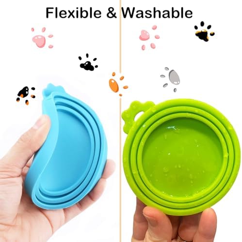 Universal Pet Food Can Lids - 3 Pcs, Squeezable Cat Treat Feeder & Spoon, Green/Blue/Orange Lids, Green Feeder