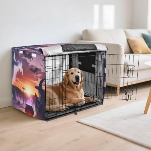 Halloween Bat Purple Dog Crate Cover Breathable Pet Crate Cover with Roll-up Sides, Reduces Barking