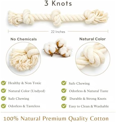 Dog Rope Toys for Large/Medium Aggressive Chewers, Tough Cotton Chew Toy, 22 Inch 3 Knots Indestructible, Tug of War Dog Pull Rope Teeth Cleaning (3 Knots)