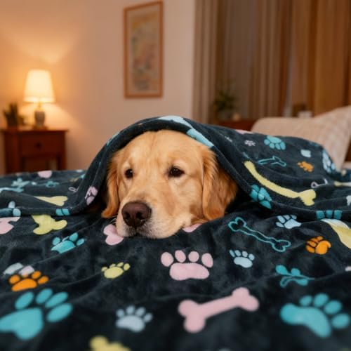 Rezutan Premium Blanket for Large Dogs, Cute Paw Pattern, Black 50x40 Inch
