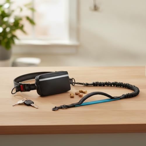 Hands-Free Dog Leash with Shock-Absorbing Bungee, Adjustable Waist Pack for Running and Hiking, Polyester Belt with Storage Pouch