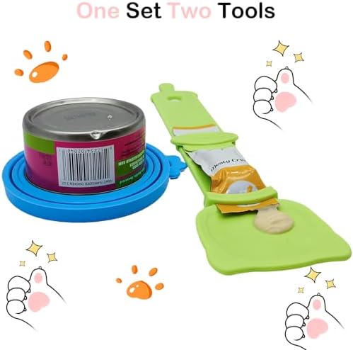 Universal Pet Food Can Lids - 3 Pcs, Squeezable Cat Treat Feeder & Spoon, Green/Blue/Orange Lids, Green Feeder
