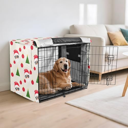 Kigai Santa Claus Tree Dog Crate Cover Oxford Fabric Windproof Waterproof Kennel Cover with Breathable Mesh & Roll-Up Panels, Fit for 54 in Cage, Washable