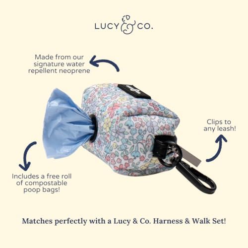 Lucy & Co. Ditsy Daydream Dog Poop Bag Holder and Dispenser, Clips to Leash, Water-Repellent Neoprene, Includes Refill Roll