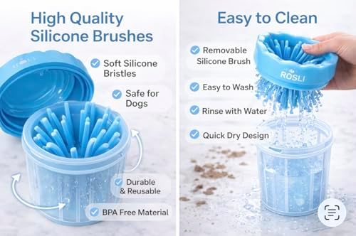 ROSLI Dog Paw Clianer Cup - Portable Pet Paw Washer for Dogs - Deep Cleaning Mud & Dirt - Silicone Brush - Easy to Use & Wash (Blue, Large) (Blue, Large)