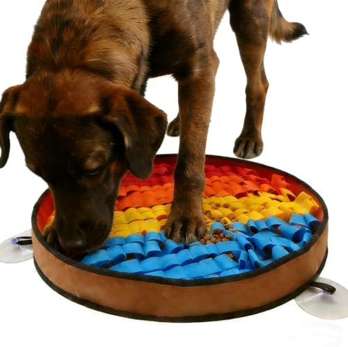 Snuffle Mat for Dogs Large Breed - 20 Inch Round Dog Sniffing Mat with 3 Suction Cups & Non-Slip Base, Slow Feeder Puzzle Toy for Mental Stimulation, Anxiety Relief, Durable Machine Washable (Rainbow)