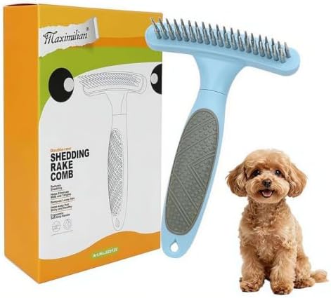 Pet Grooming Rake, Dual Row Stainless Steel Undercoat Deshedding Tool for Dogs Cats, Ergonomic Non-Slip Handle Detangling Brush for Shedding Mat Removal, Orange Blue