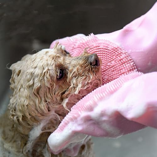 Pet Grooming Gloves Silicone Gloves with High-Density Teeth Enhanced Five Finger Design for Dogs Cats Bathing Massaging (Pink)