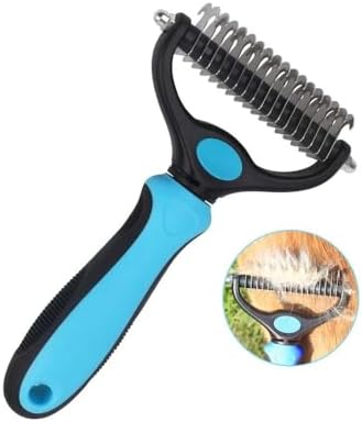 Sakerplus Double-Sided Pet Grooming Rake,Dematting Undercoat Rake for Dogs and Cats, 2-in-1 Dematting Comb, Pet Grooming Rake for Long Hair Pets (Blue, large)