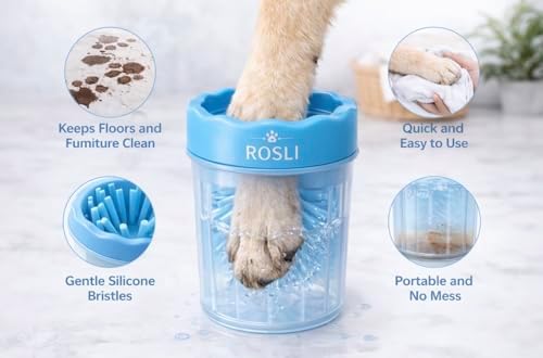 ROSLI Dog Paw Clianer Cup - Portable Pet Paw Washer for Dogs - Deep Cleaning Mud & Dirt - Silicone Brush - Easy to Use & Wash (Blue, Large) (Blue, Large)