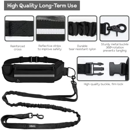 Hands Free Dog Leash with Waist Belt, Adjustable 5–7 ft Running Leash with Dual Handles & Shock Absorbing Bungee for Walking & Jogging (Black)