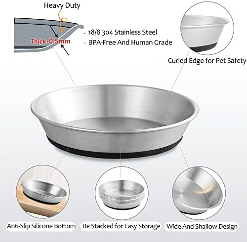 WROSWT Stainless Steel Cat Bowls,Whisker Friendly Shallow Cat Dishes for Food and Water,Non-Slip Silicone Bottom,Heavy Duty,Replacement Kitten Metal Plate for Elevated Stands,6 Pack