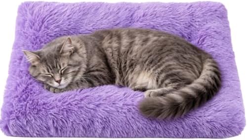 Rectangle Long Plush Pet Crate Mat, Anti-Slip Oxford Underside, 3D Elastic PP Cotton Kennel Cushion, Warm Skin-Friendly Rest Pad for Small Medium Large Dogs Cats (Purple,Small)