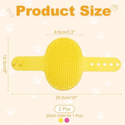 Dog Bath Brush, Silicone Pet Shampoo Brush with Adjustable Ring Handle Massage Scrubber Comb(2Pcs, Yellow/Pink), for Long Short Hair Dogs and Cats Bathing Cleaning Shampooing