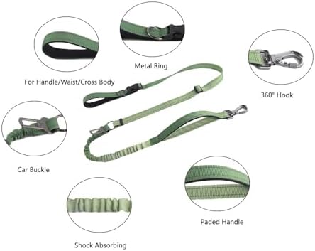 Hands Free Dog Leash for Large Medium Dogs Heavy Duty Bungee Reflective Adjustable Waist Leashes for Walking Running with Car Buckle 4-6FT (Green-1)