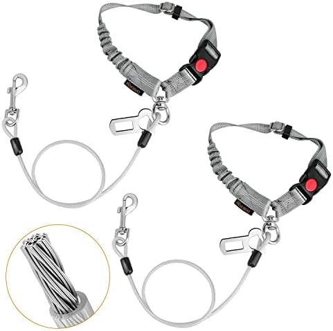 Chew Proof Dog Car Seat Belt, 2 in 1 Steel Cable Dog Car Accessories Headrest Restraint for Medium Large Dogs Chewer Heavy Duty Dog Seatbelts for Cars Swivel Attach