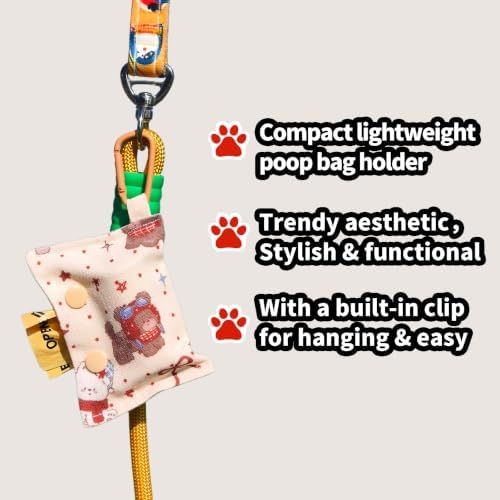 Cute Cartoon Pattern Fabric Dog Poop Bag Holder - Portable Leash - Attached Clip, Quick Access Dog Walking Essential, Includes 8 Rolls (120pcs Bags, White Christmas Print)
