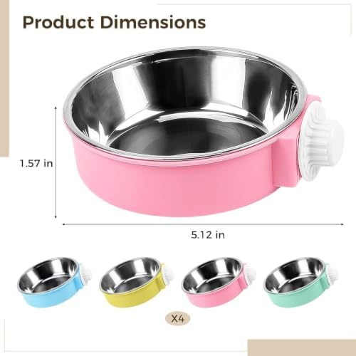 4 Pcs Dog Crate Water Bowl, Hanging Attachable Stainless Steel Pet Feeder, Removable Spill Proof Dish for Kennels, Multi Color, Easy Clean Design