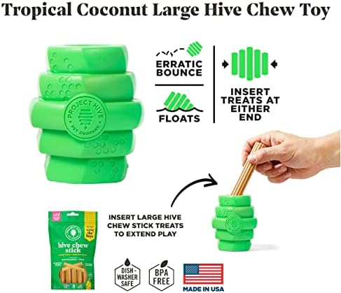 Hive Chew Toy for M/L Dogs – Green/Tropical Coconut Scent – Chew, Fetch, & Treat-Dispensing Enrichment Toy, Floats, Made in USA, Pairs with Hive Chew Sticks for M/L Dogs for Longer-Lasting Play