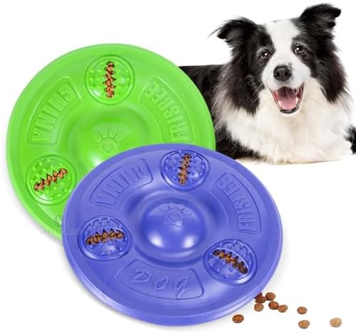 2Pcs Dog Frisbee with Treat Holes,8'' Soft TPR Flying Disc Chew Toy for Dogs, Treat Dispensing Fetch Toy for Outdoor Play & Exercise, Stress Relief Dog Toy(Purple ×1 + Green ×1)