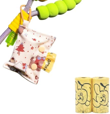 Cute Cartoon Pattern Fabric Dog Poop Bag Holder - Portable Leash - Attached Clip, Quick Access Dog Walking Essential, Includes 2 Rolls (30pcs Bags, White Christmas Print)