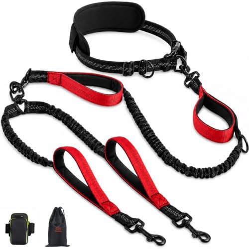 Hands Free Double Dog Leash, 4 Reflective Padded Handles, Adjustable Waist Belt 27-51", Shock-Absorbing Bungee, 360° Swivel Clips, for Small, Medium & Large Dogs, Walking Jogging Running